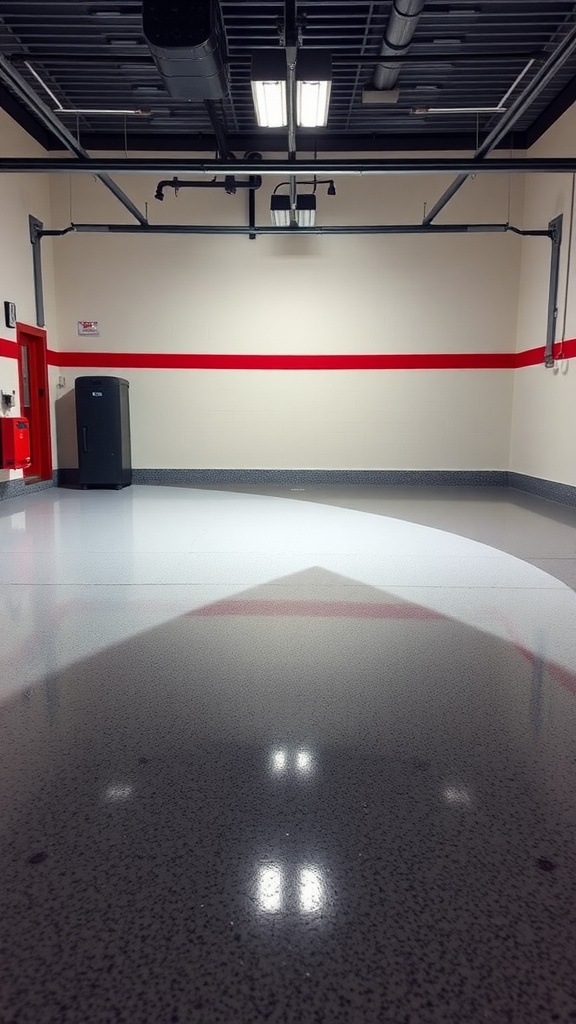 A sleek garage floor with a shiny epoxy coating and a red stripe on the wall.