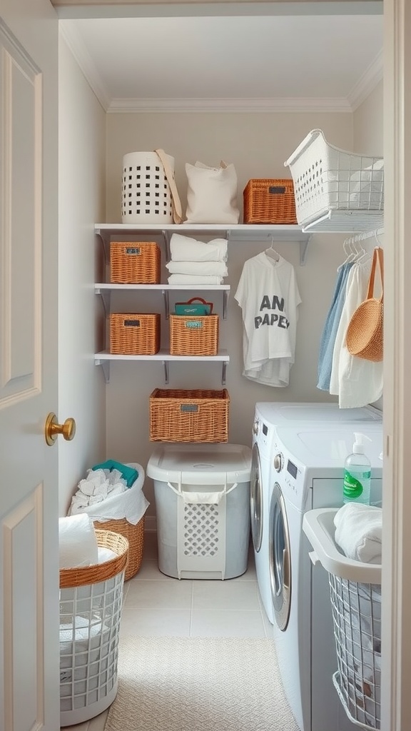 A narrow laundry room with organized shelves and functional baskets for laundry organization.