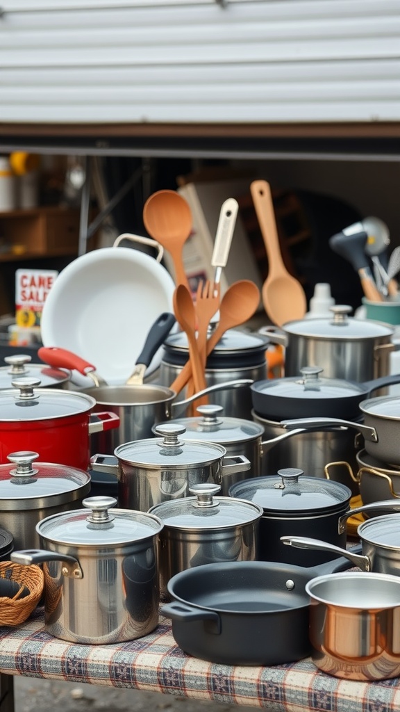 A variety of kitchenware, including pots, pans, and wooden utensils, displayed on a table at a garage sale.