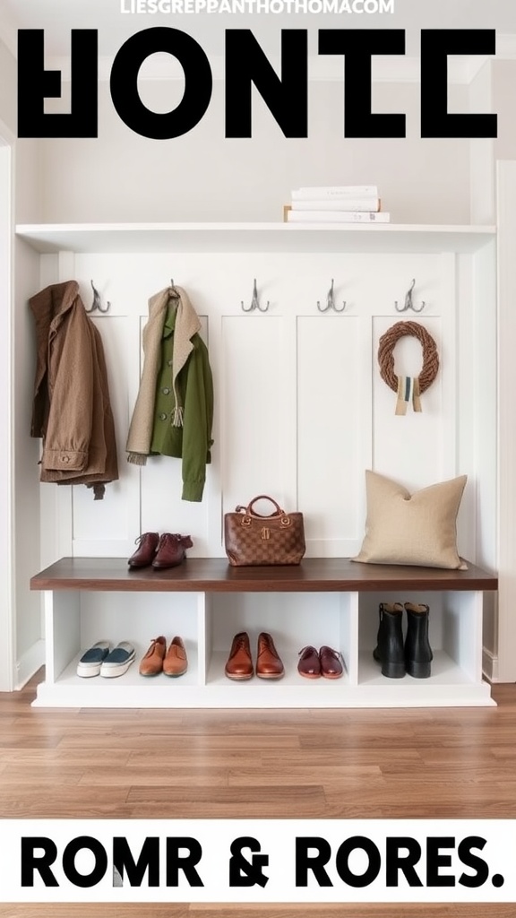 A stylish mudroom bench with hooks for coats, shoes organized beneath, and a neutral color palette.