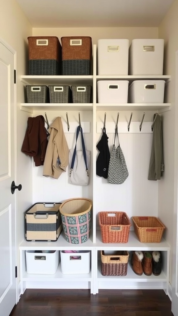 Organized mudroom closet with shelves and hooks for storage