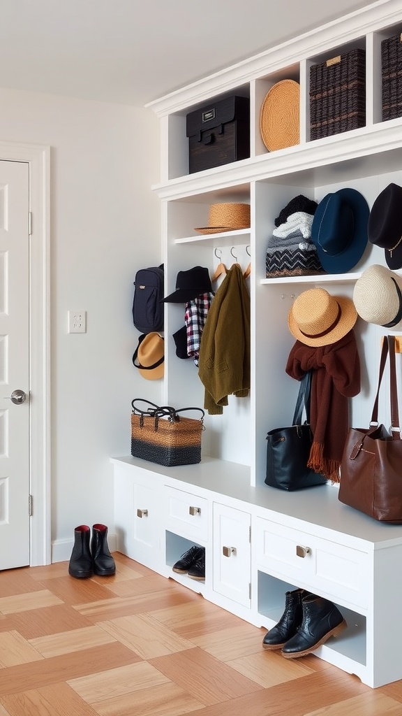Organized mudroom with storage cubbies, hooks for hats, and a neat arrangement of shoes and bags.