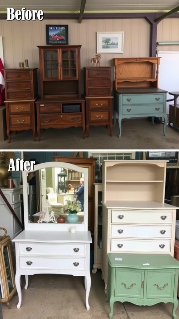 Before and after images of furniture makeover, showing transformation from old wooden pieces to beautifully painted furniture.