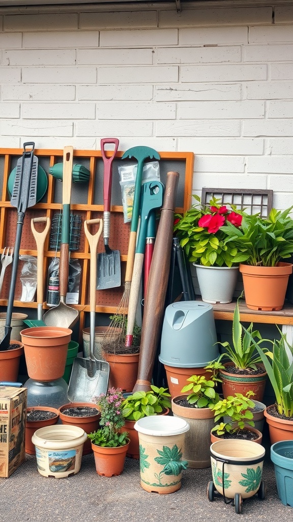 A variety of gardening tools and pots displayed neatly against a wall.