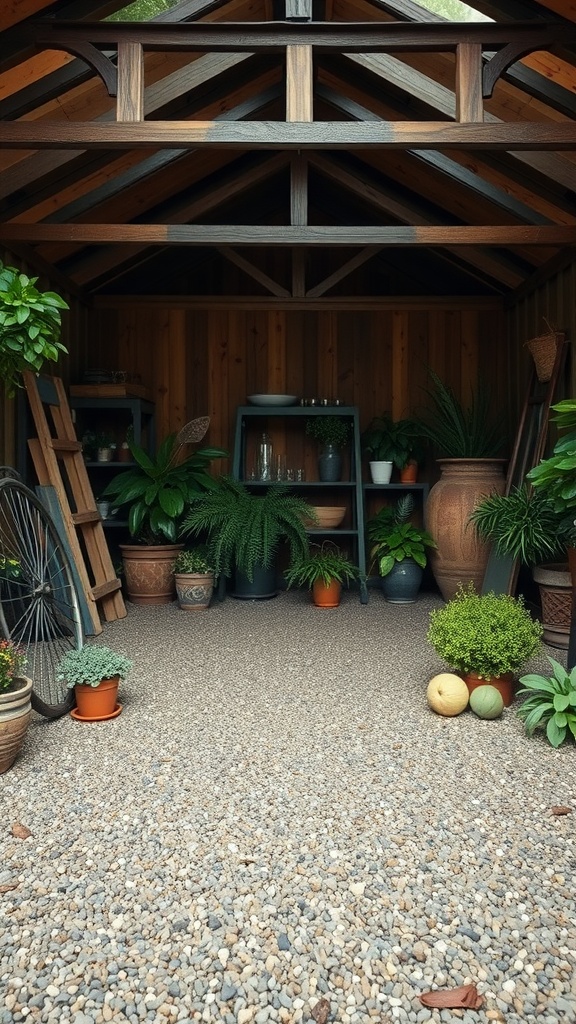 A garage with gravel flooring, plants, and wooden structures creating a rustic appeal.