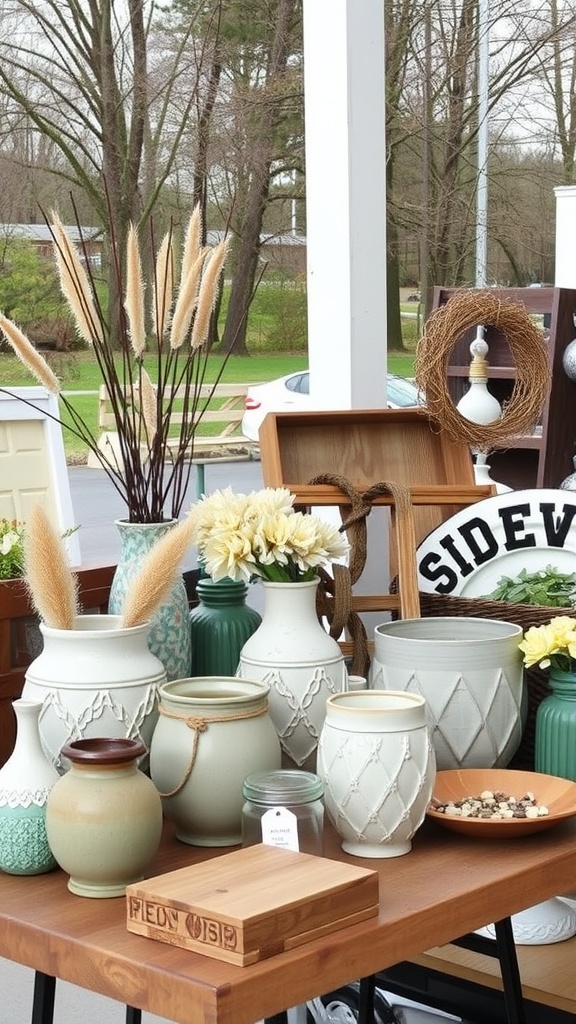A display of handcrafted home decor items including vases and floral arrangements.