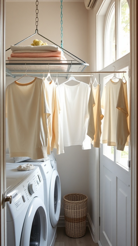 A narrow laundry room with a hanging drying rack above washing machines, displaying neatly hung clothes and towels.