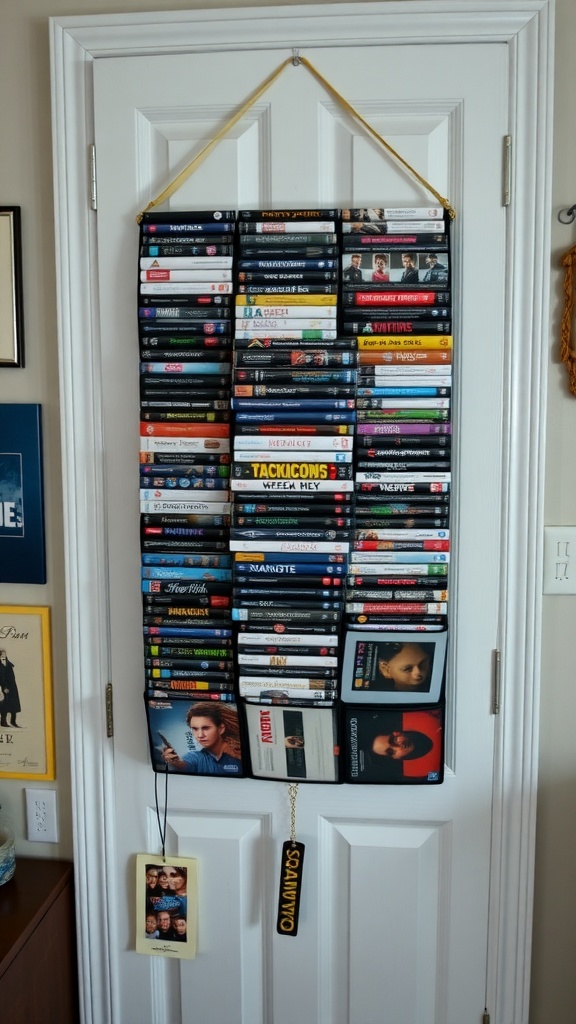 A door-mounted DVD organizer displaying multiple DVD cases in a neat arrangement.