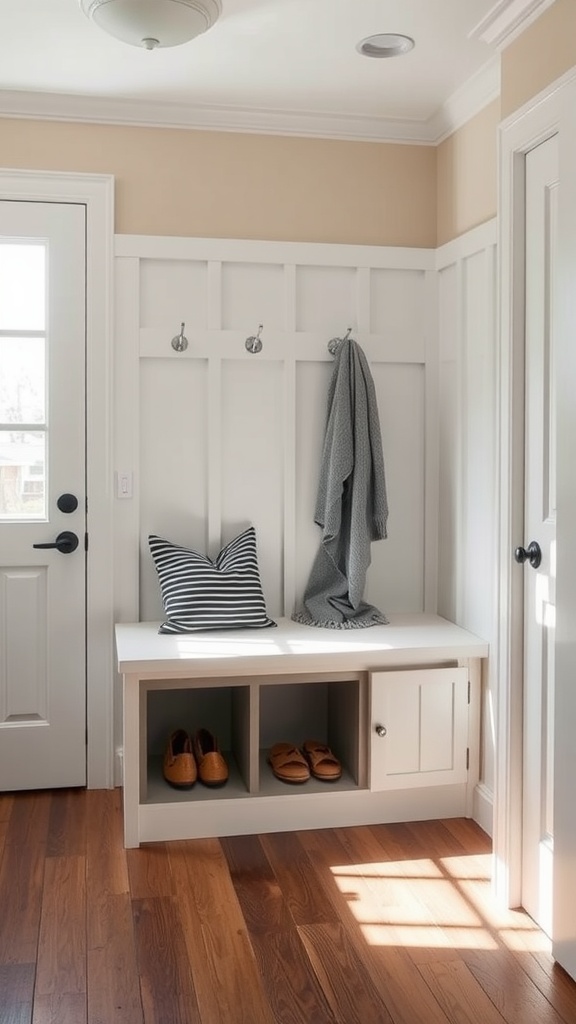 Small mudroom featuring a built-in bench with storage, coat hooks, and a cozy cushion.