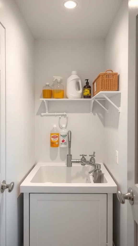 Narrow laundry room featuring a stylish utility sink with overhead shelving.