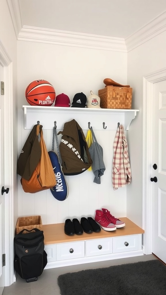 A small, organized mudroom featuring an overhead rack for storage with hats, a basketball, and a wicker basket.
