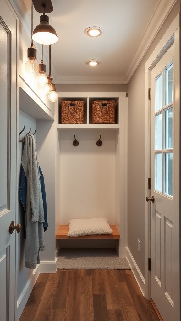 A modern mudroom closet with hanging lights, recessed lighting, and organized storage.