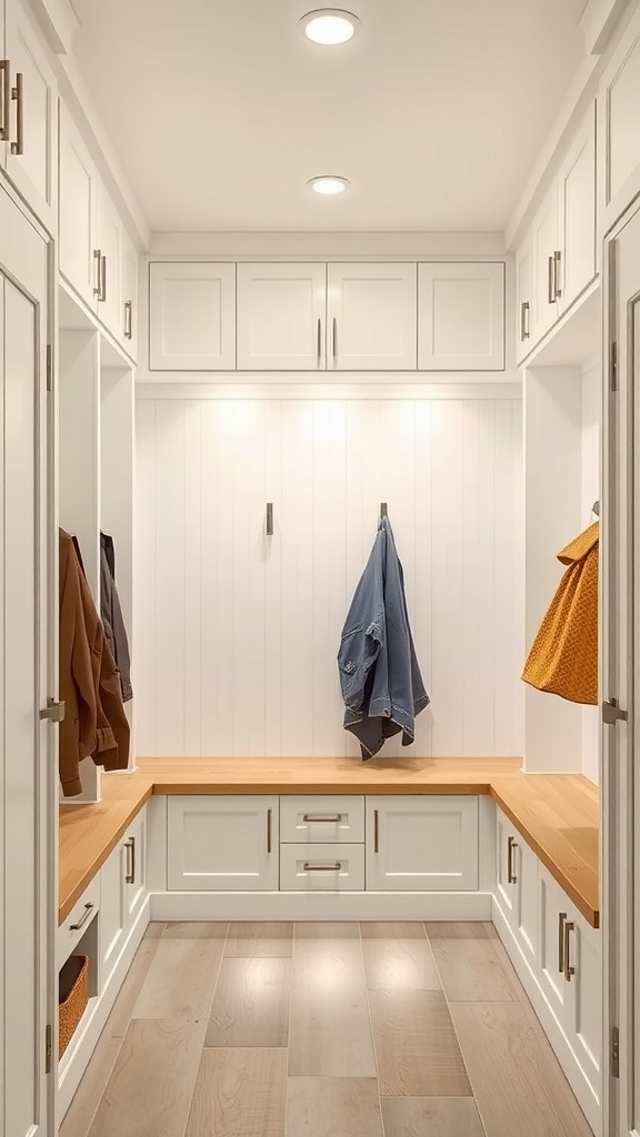 A well-lit mudroom with cubbies featuring recessed lighting.