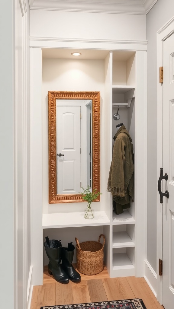 A mudroom closet featuring a framed mirror, boots, a basket, and a coat hanging.