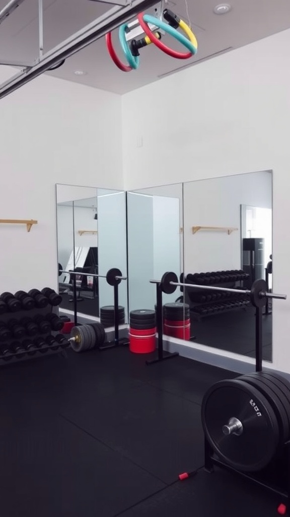 A garage gym with mirrors, weights, and exercise equipment.