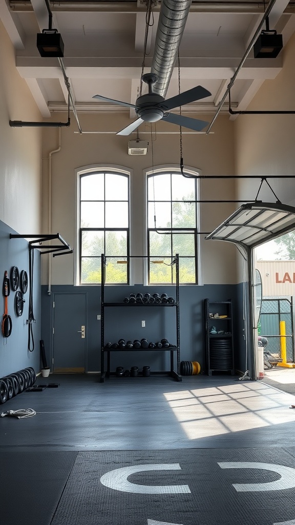 A garage gym with large windows, a ceiling fan, and exercise equipment