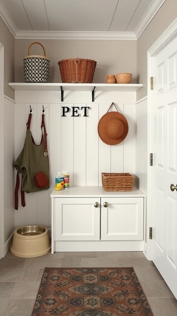A pet-friendly laundry room and mudroom combo featuring storage baskets, hooks, and a pet food bowl.