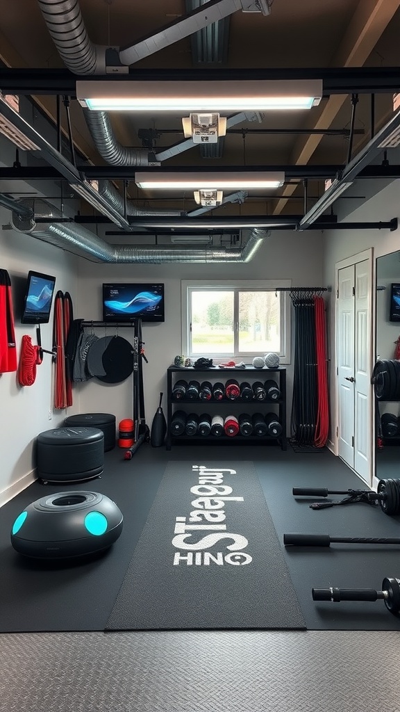 A modern garage gym featuring advanced equipment, smart screens, and organized workout gear.