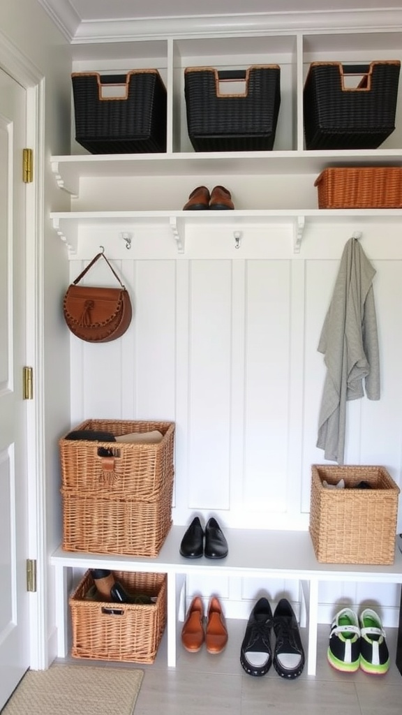 A stylish laundry room mud room combo with organized shoe storage featuring baskets and shelves.