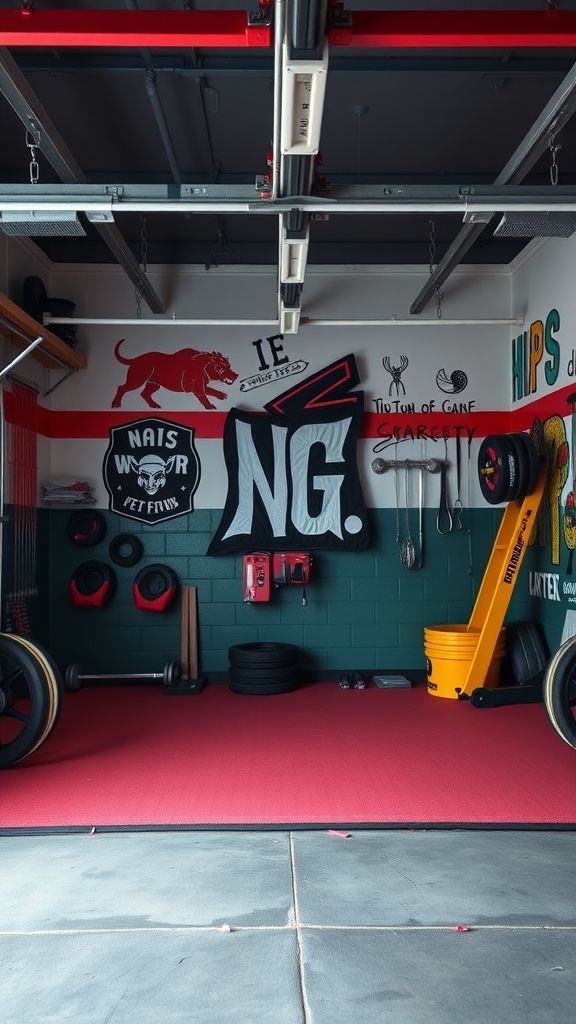 A garage gym with a bold color scheme of dark green and red, featuring wall art and red rubber flooring.