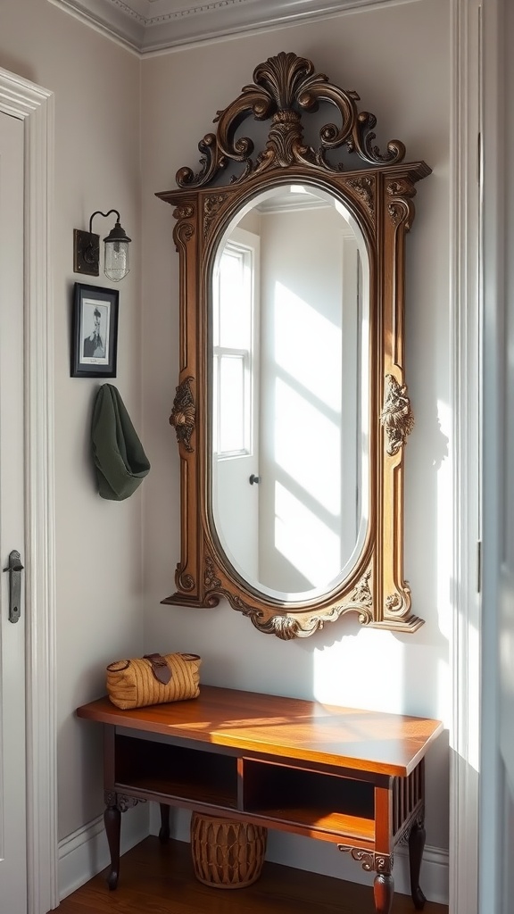 A stylish mudroom featuring an ornate mirror above a wooden bench with natural light illuminating the space.