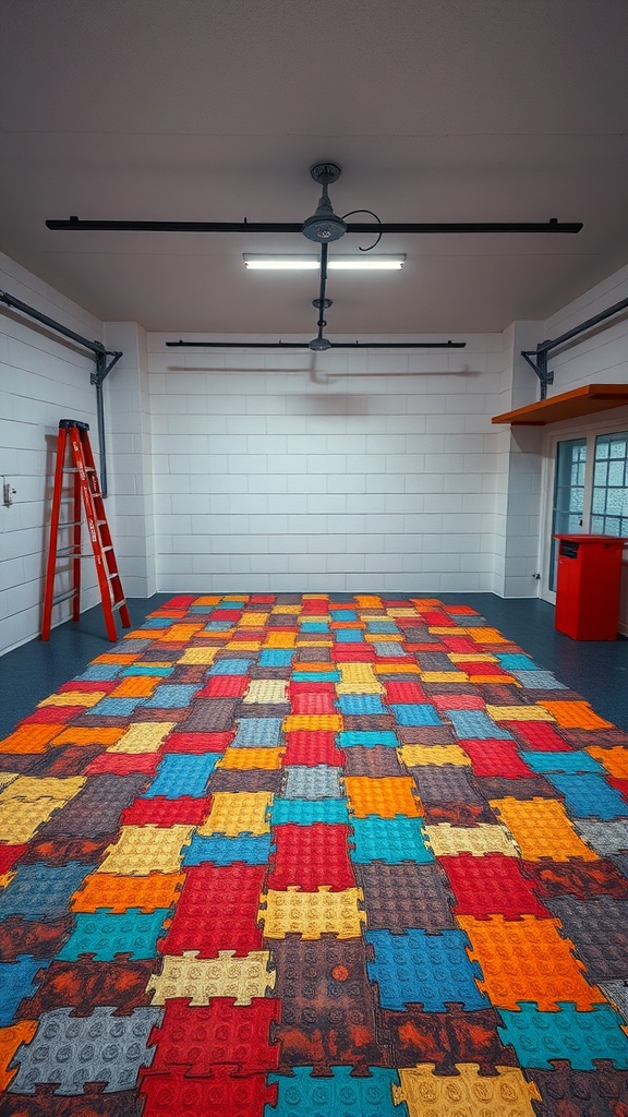 Colorful interlocking tiles laid out on a garage floor.