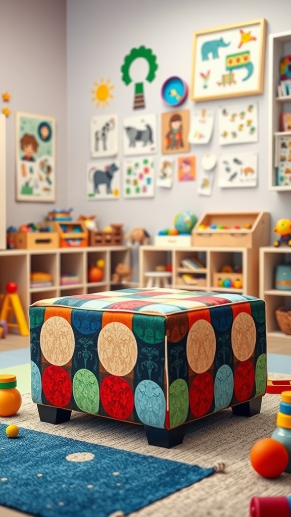 Colorful storage ottoman in a playful kids' playroom, surrounded by toys and art