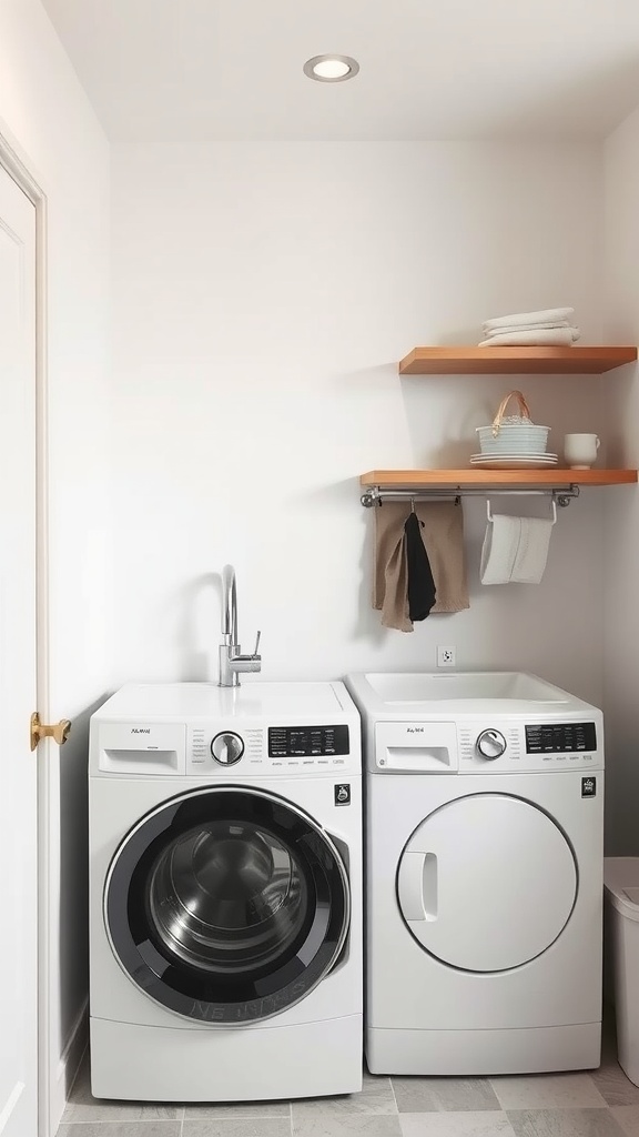A modern laundry room featuring a washing machine, dryer, and a stylish sink with shelves above for storage.