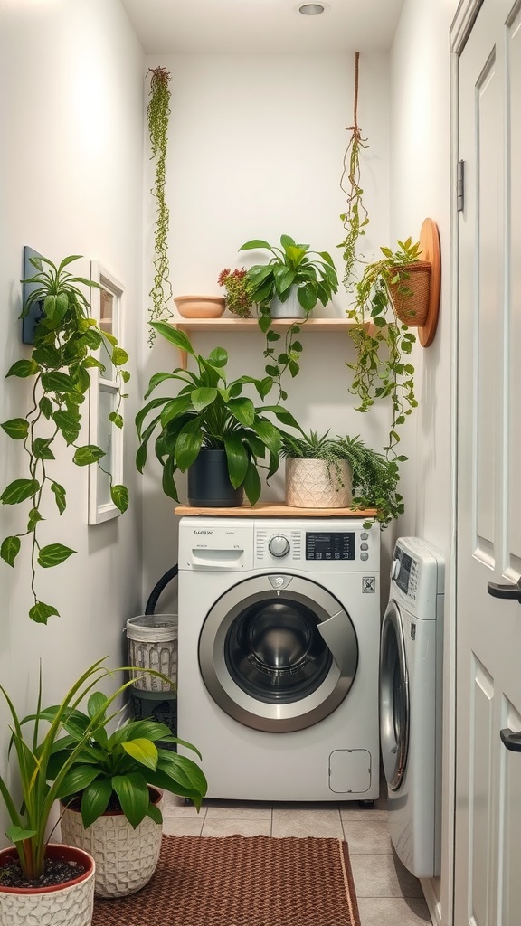 Narrow laundry room with plants and modern appliances