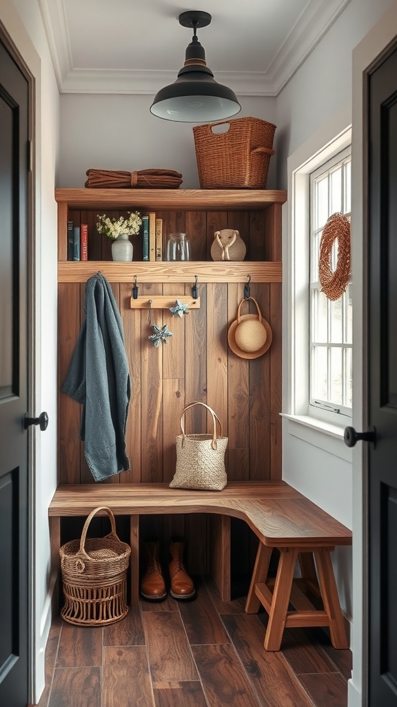 A small mudroom featuring wood accents, baskets, and cozy seating.