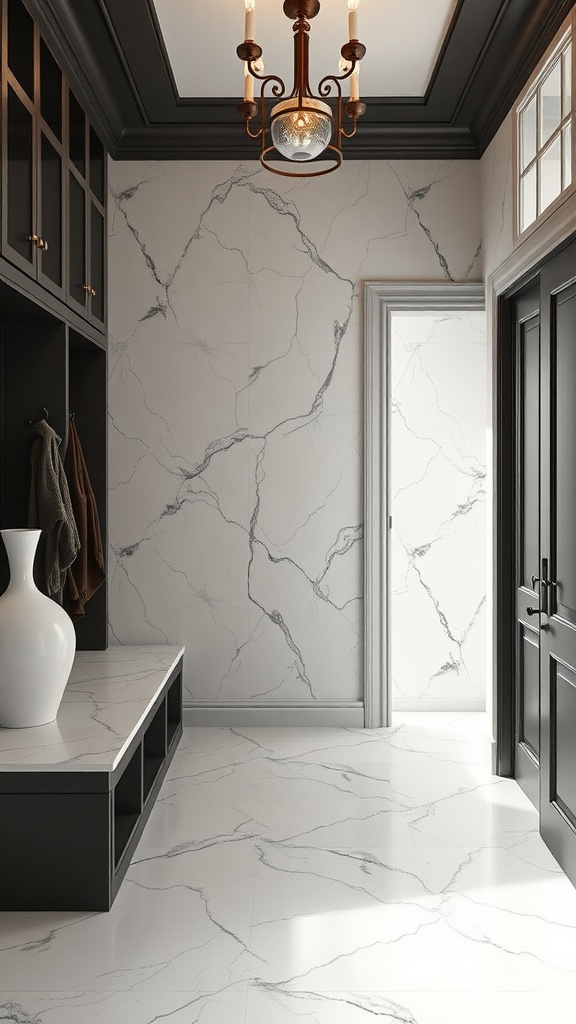 Mudroom with luxury marble effect tiles, dark cabinetry, and elegant lighting.