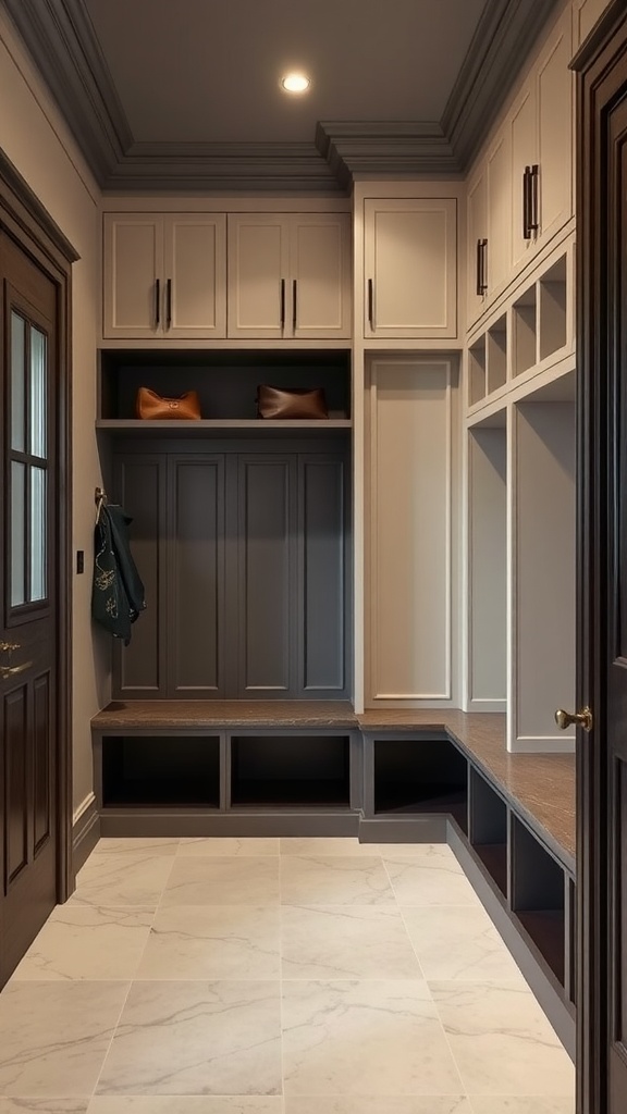 A luxurious mudroom featuring elegant cubbies and cabinetry, perfect for organization.