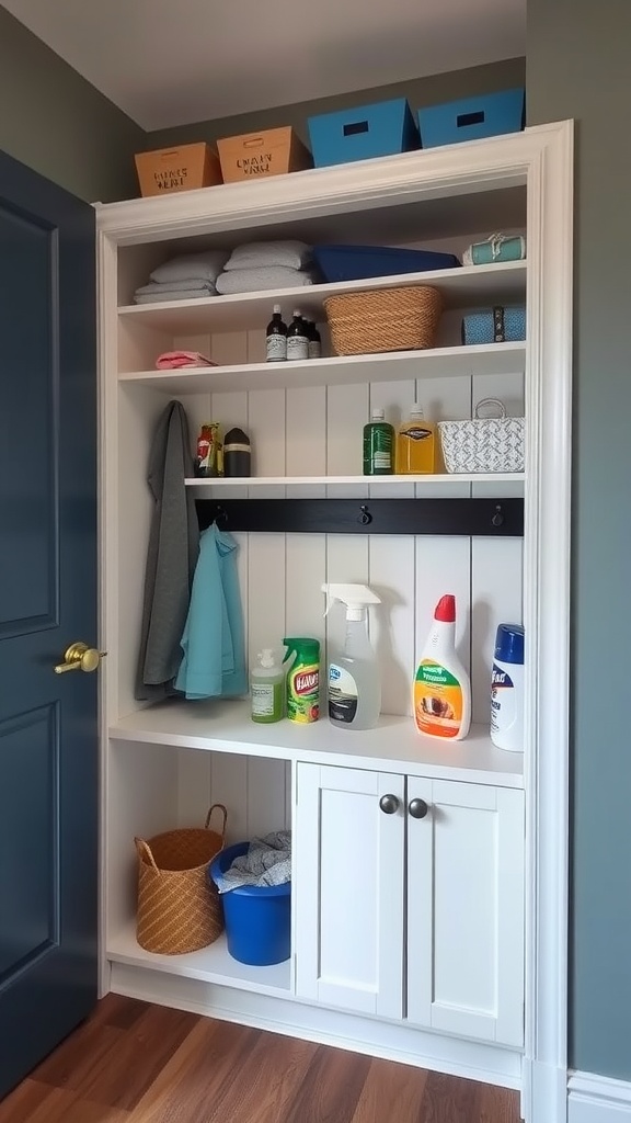 Organized mudroom closet with cleaning supplies, towels, and storage bins.