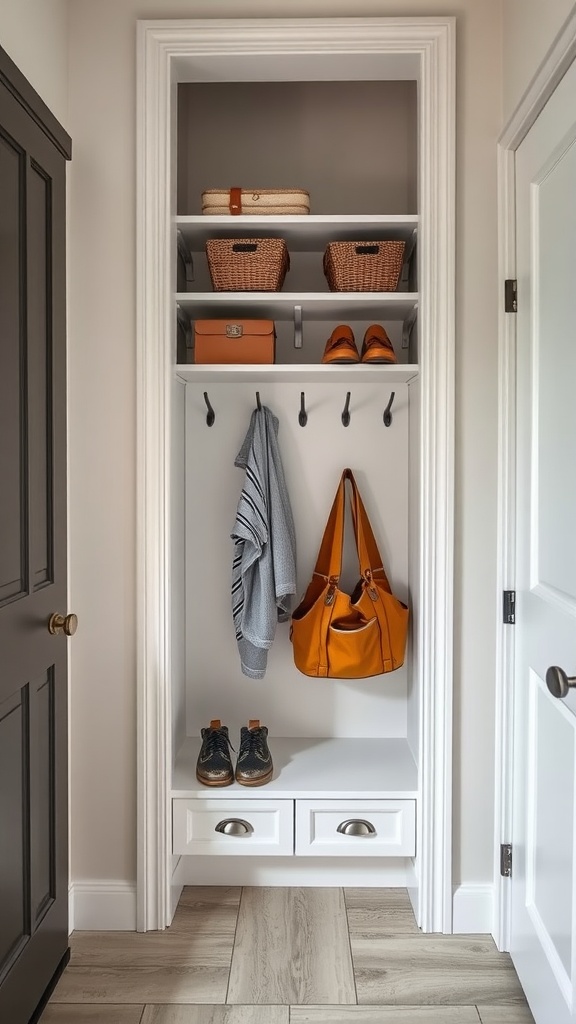 A well-organized mudroom closet with shelves, hooks, and drawers