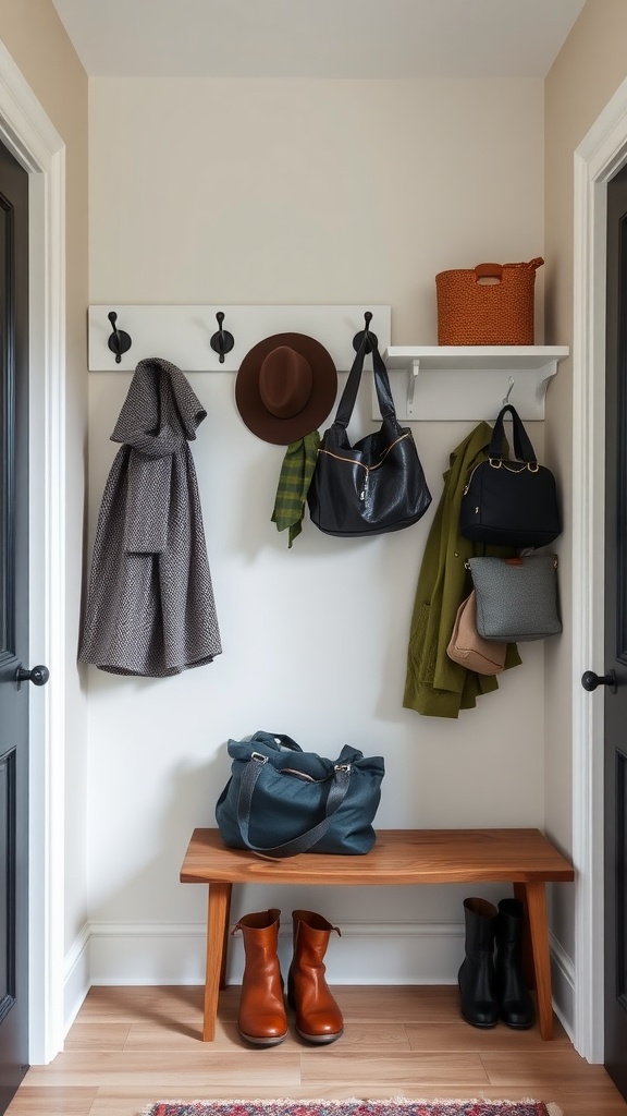 A small mudroom with hooks and a shelf for storage, featuring a bench and various bags and hats.