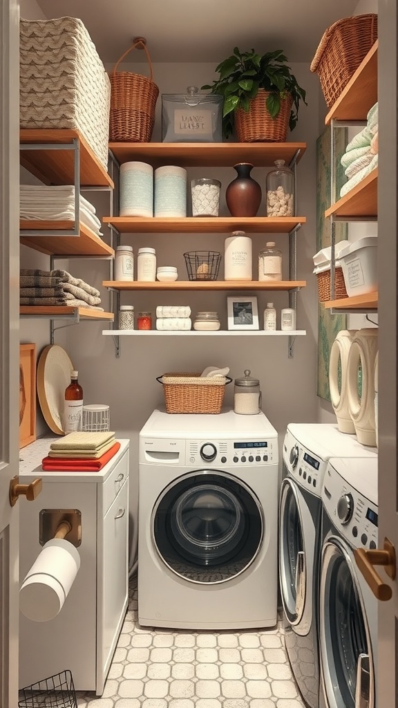 A narrow laundry room with open shelving, showcasing neatly arranged towels, baskets, and cleaning supplies above a washer and dryer.