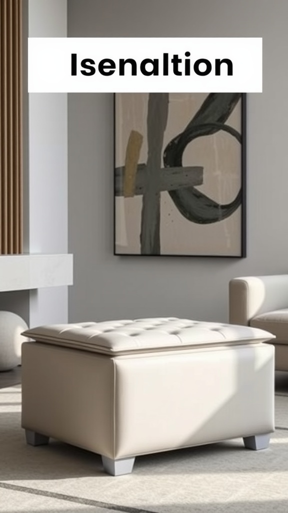 A modern minimalist storage cube ottoman in a stylish living room setting.
