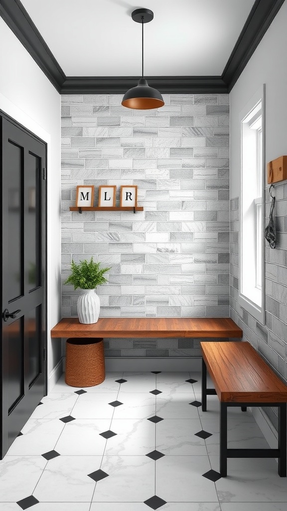 A stylish mudroom with gray walls, black floor tiles, and wooden benches.