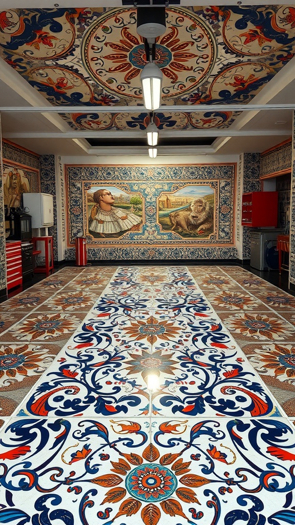 Colorful mosaic tile floor designs in a garage with vibrant patterns and artistic elements.
