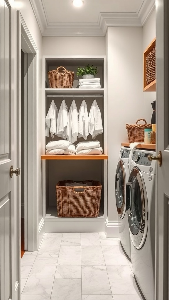 Organized laundry room with a folding station featuring shelves and baskets