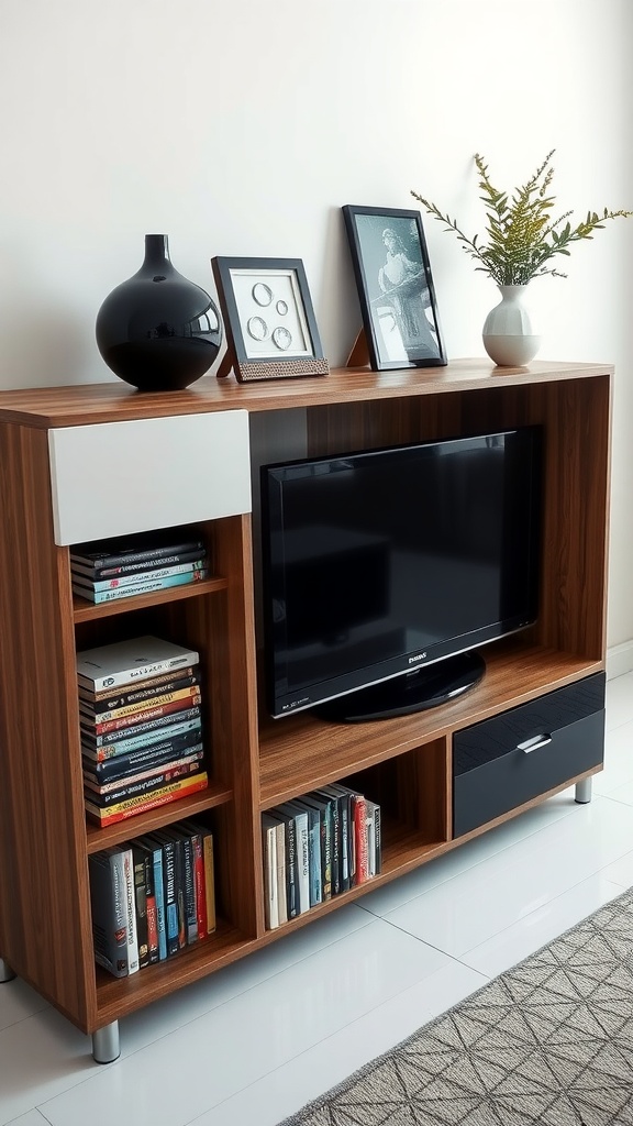 A stylish multi-functional media cabinet with DVDs and decorative items