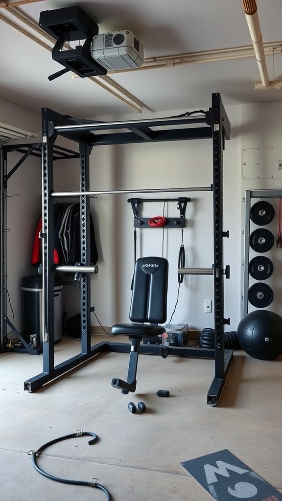 A multi-functional workout station with a squat rack, bench, dumbbells, and resistance bands in a garage gym.