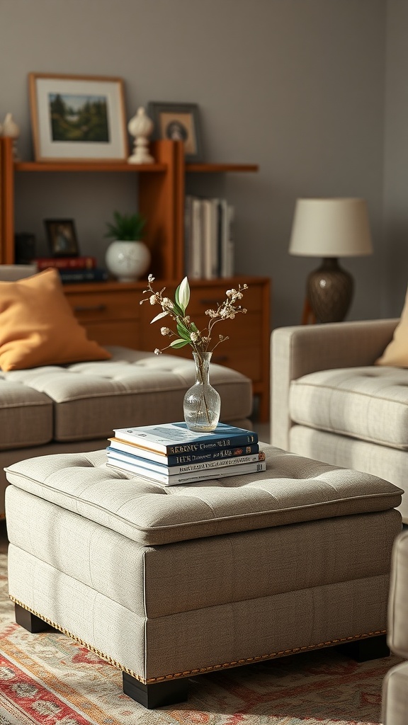 A stylish multifunctional ottoman coffee table with a tufted design, topped with books, in a cozy living room setting.