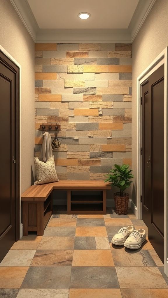 Mudroom with natural stone wall and patterned tile floor
