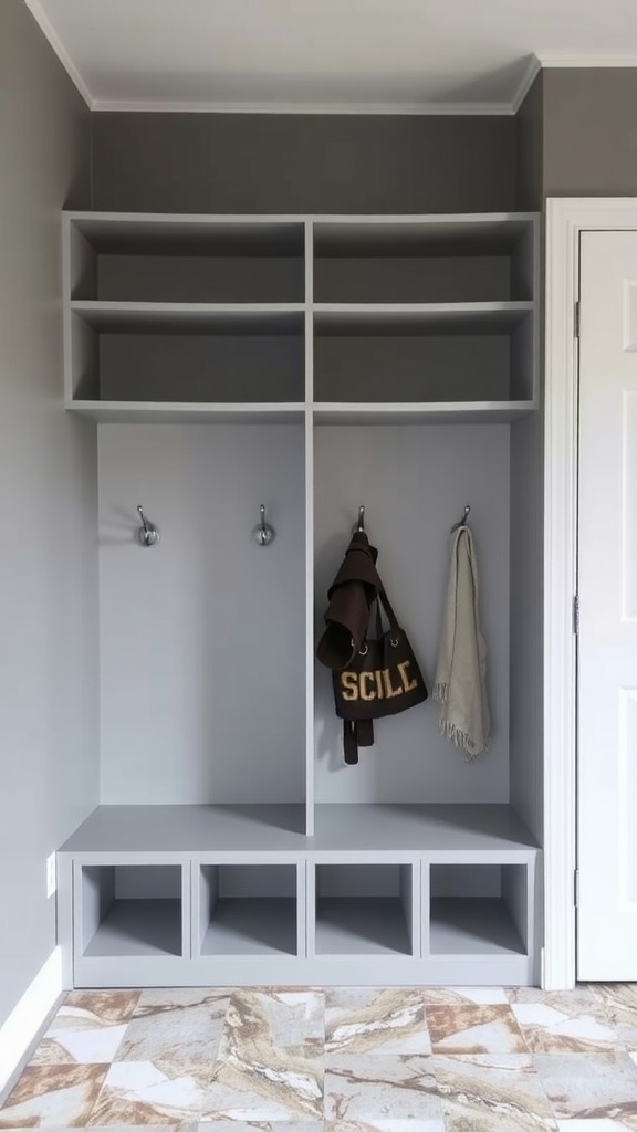 Mudroom with open cubbies and hooks for hanging items