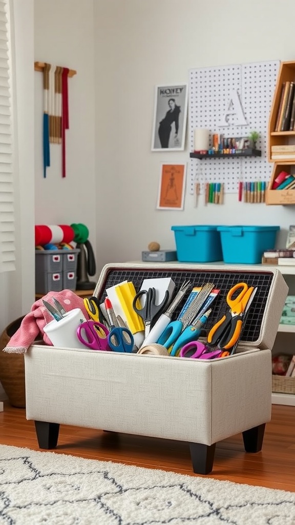 Storage ottoman filled with colorful craft supplies like scissors and tape.