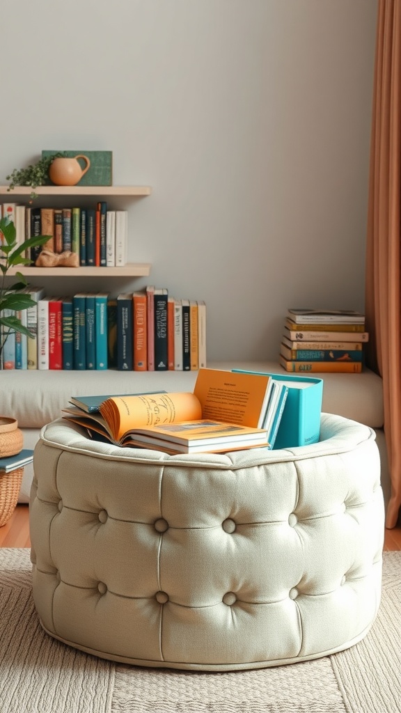 A tufted storage ottoman filled with books, set in a cozy living room.