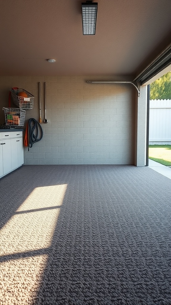 A spacious garage with soft outdoor carpet flooring and minimal storage options.