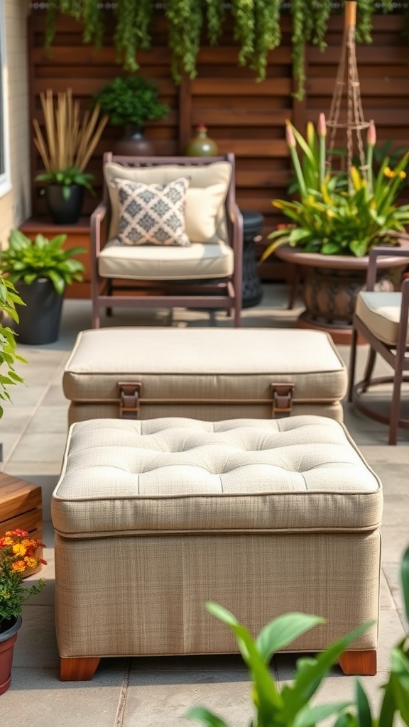 A stylish outdoor patio storage ottoman in a cozy setting with plants and seating.