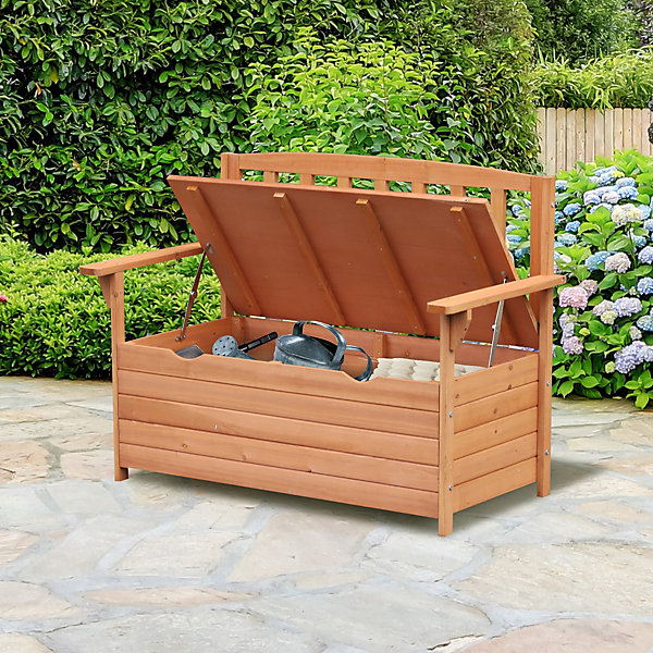 Outsunny Garden Storage Bench, 2 Seater Fir Wood Outdoor Bench, Natural
